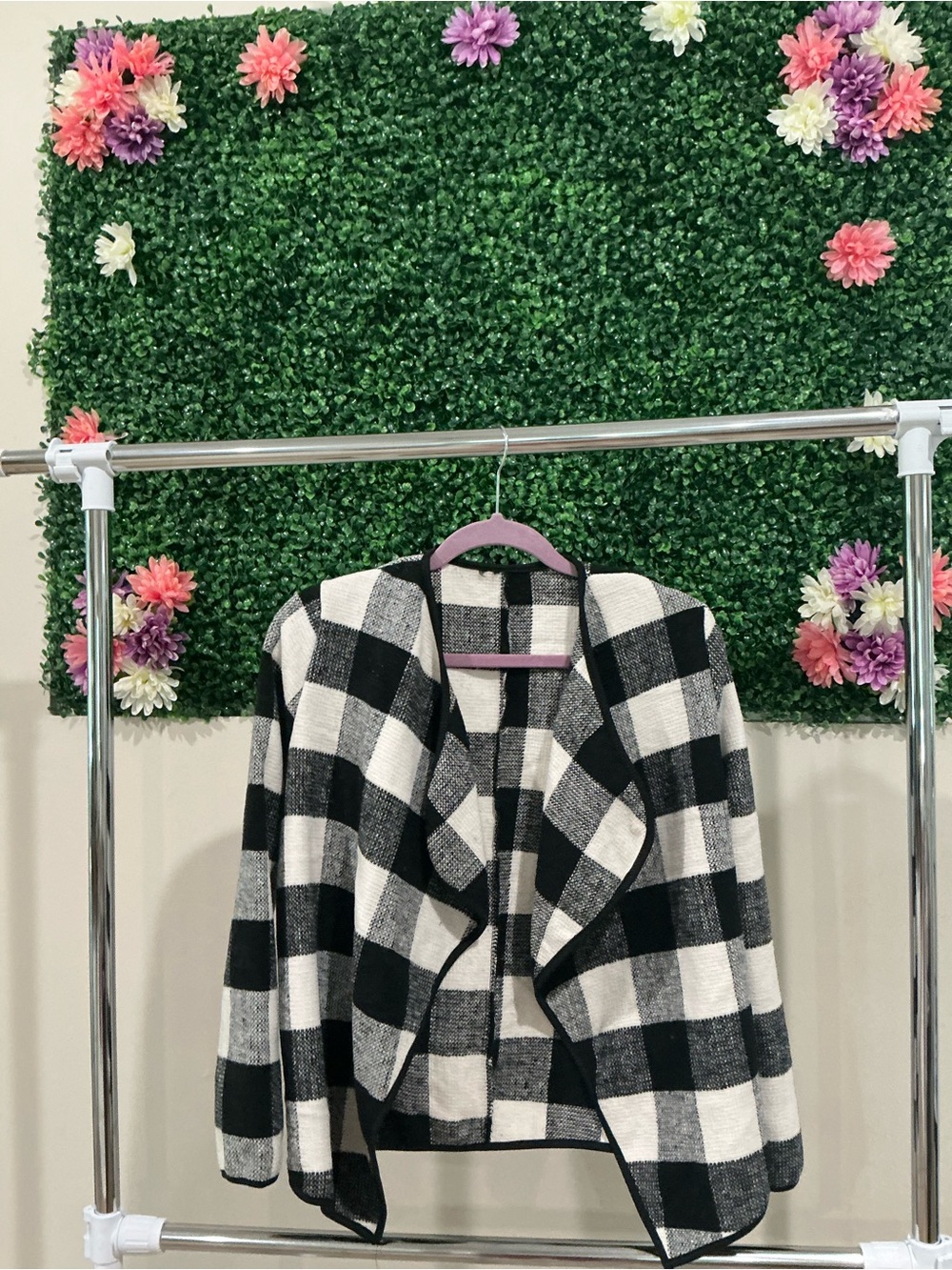 Black & White Buffalo Plaid Open Front Women's Sweater Jacket